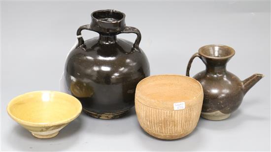 Two Chinese henan type pouring vessels, a Tang dynasty bowl and Five Dynasties terracotta bowl